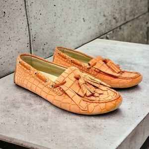 𝅺BOEMOS Orange Nubuck Croc Embossed Tassel Loafer Driving Moccasins Size 37